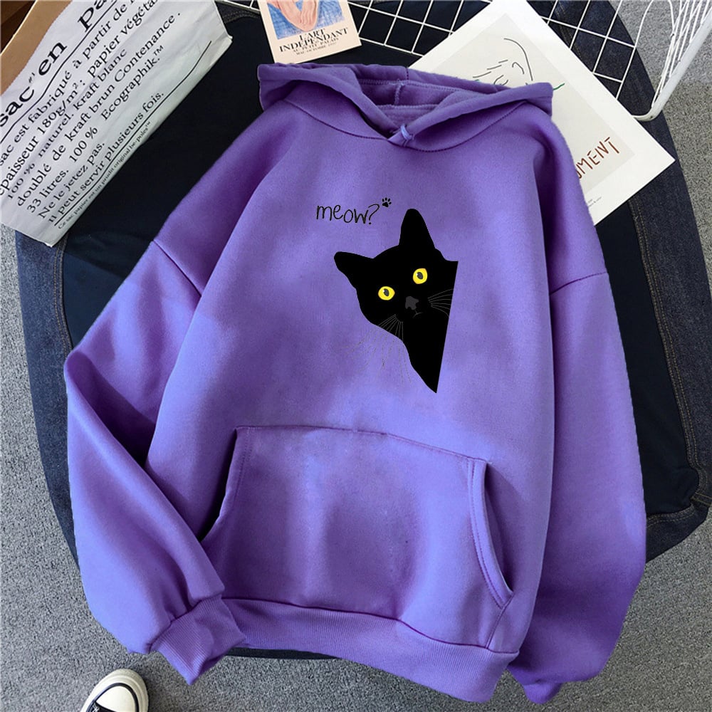 Plus Size Personalized Black Cat Hooded Fleece Coat