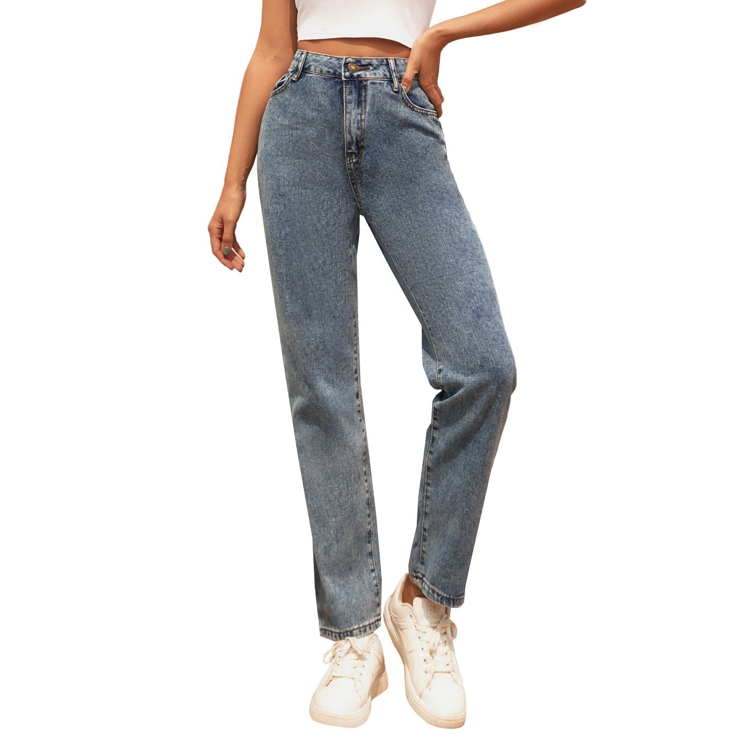 High Waist Retro Wash Denim Trousers for Women
