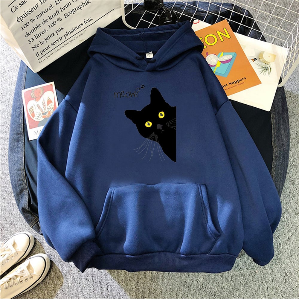 Plus Size Personalized Black Cat Hooded Fleece Coat