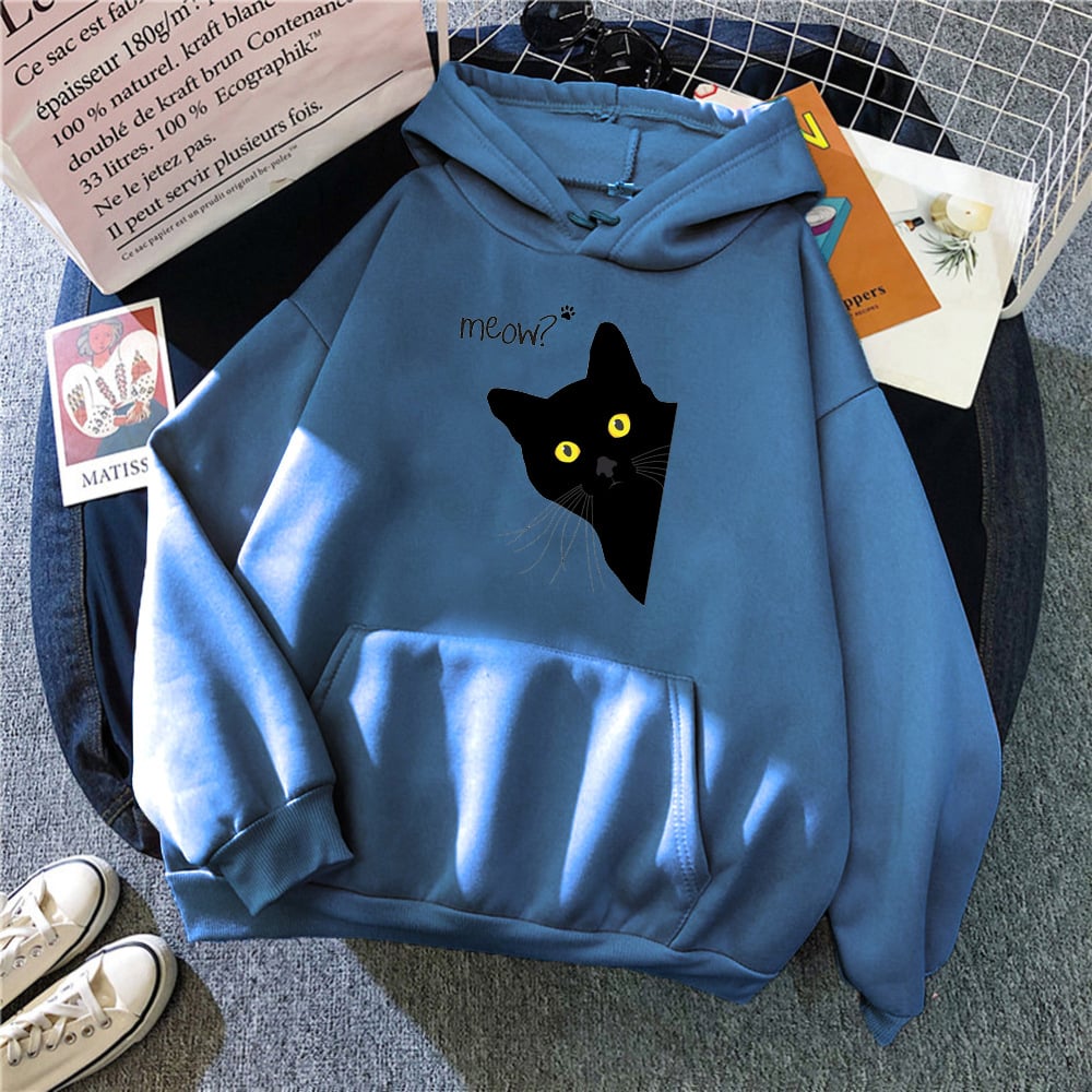Plus Size Personalized Black Cat Hooded Fleece Coat