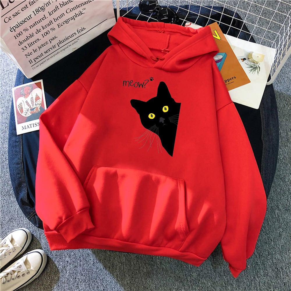 Plus Size Personalized Black Cat Hooded Fleece Coat