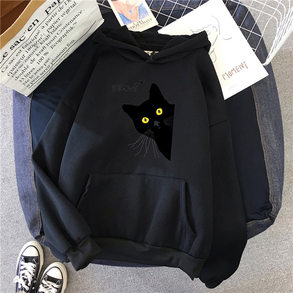 Plus Size Personalized Black Cat Hooded Fleece Coat