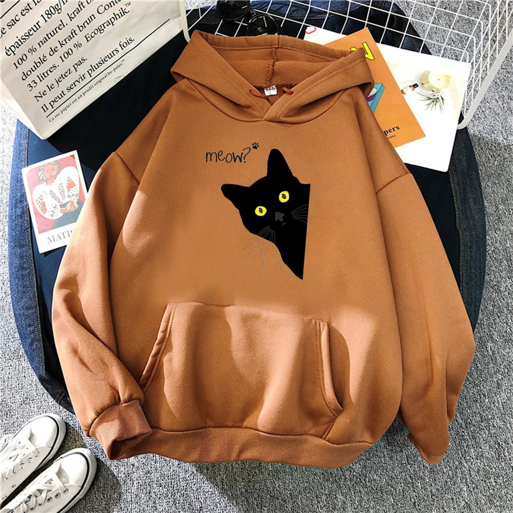Plus Size Personalized Black Cat Hooded Fleece Coat