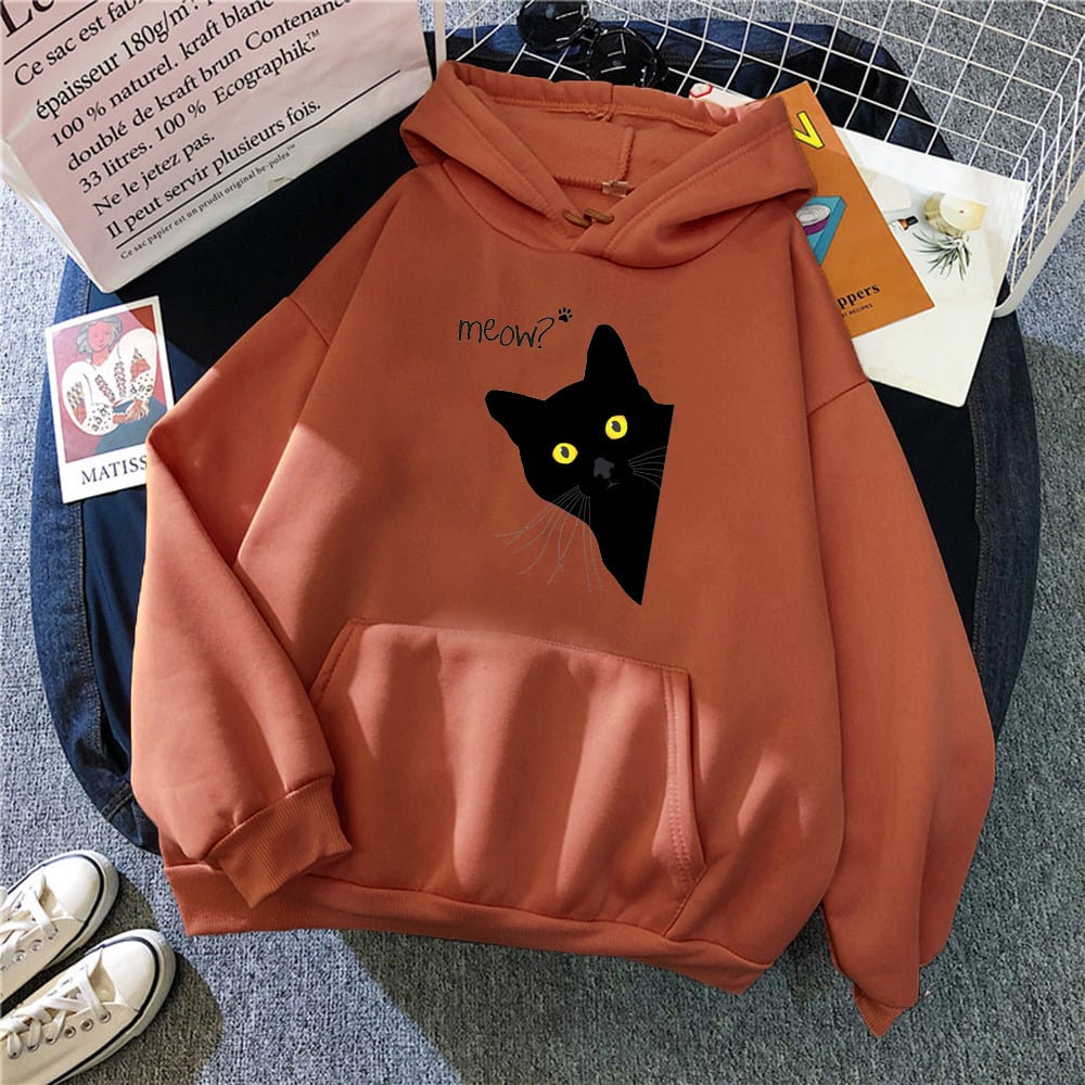 Plus Size Personalized Black Cat Hooded Fleece Coat