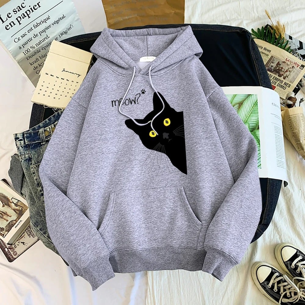 Plus Size Personalized Black Cat Hooded Fleece Coat