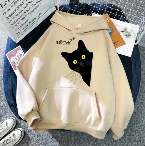Plus Size Personalized Black Cat Hooded Fleece Coat