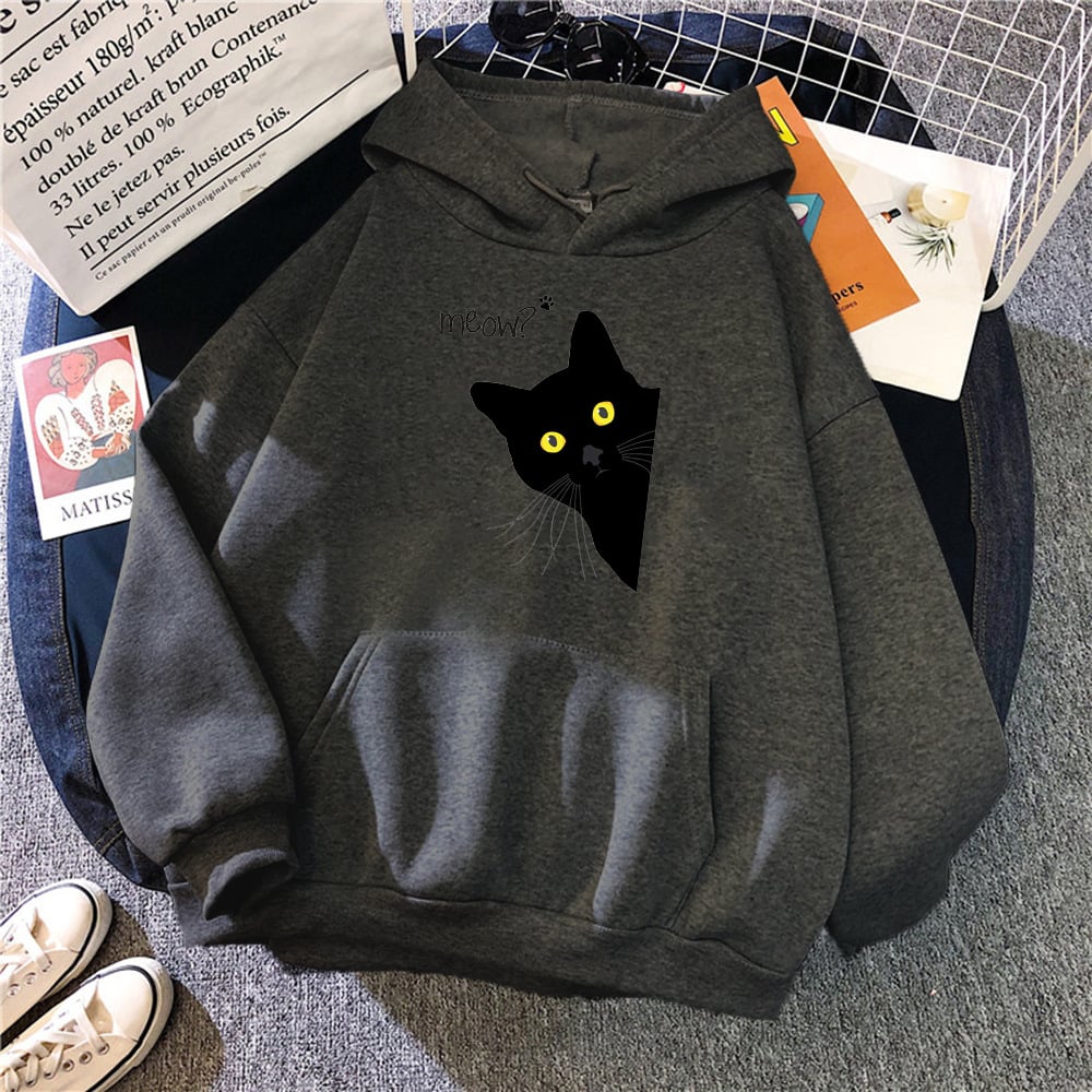 Plus Size Personalized Black Cat Hooded Fleece Coat