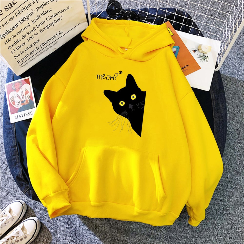 Plus Size Personalized Black Cat Hooded Fleece Coat